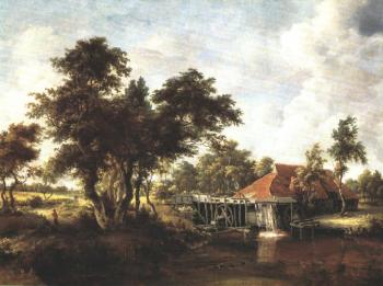 Meyndert Hobbema : Wooded Landscape with Water Mill